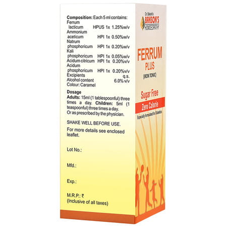Baksons Homoeopathy Ferrum Plus Iron Tonic Sugar Free 115 Ml