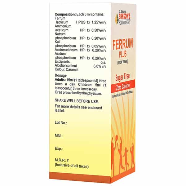 Baksons Homoeopathy Ferrum Plus Iron Tonic Sugar Free 115 Ml
