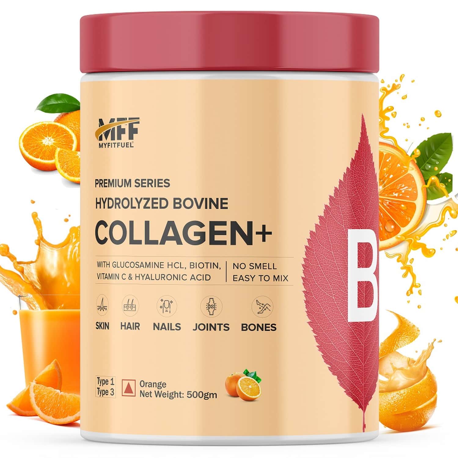 Myfitfuel Hydrolyzed Bovine Collagen + Glucosamine, Hyaluronic, Biotin, Zinc Vitaminc (500g, Orange)