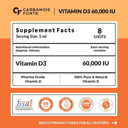 Carbamide Forte Vitamin D3 60000iu Shots | Vitamin D3 60000 Iu Sugar Free Oral Solution (Pack Of 8)