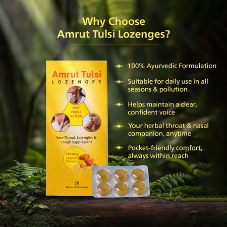 Amrut Tulsi Lozenges (Honey Lemon Flavour) 6 Tab | Cough & Sore Throat (Pack Of 10)