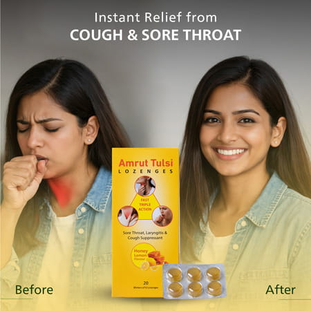 Amrut Tulsi Lozenges (Honey Lemon Flavour) 6 Tab | Cough & Sore Throat (Pack Of 10)