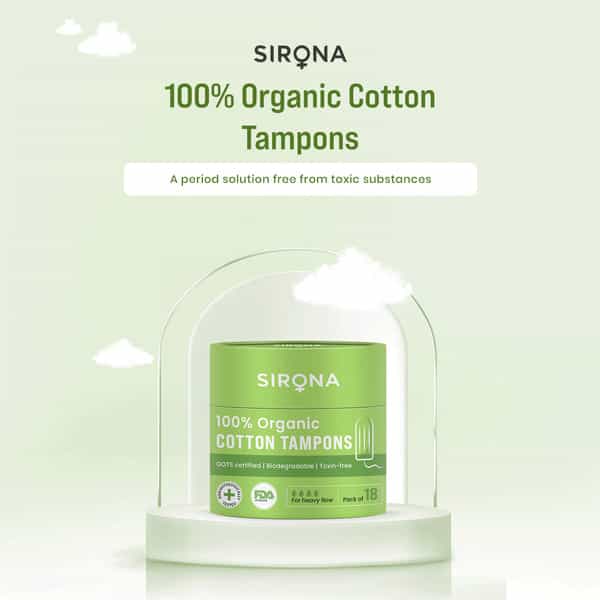 Sirona Heavy Flow Organic Tampons Made With 100% Organic Cotton Non-Applicator Tampons - 18 Pcs