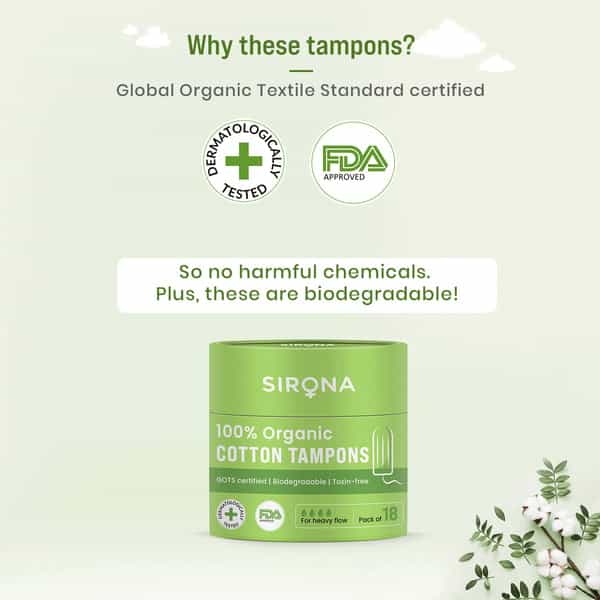 Sirona Heavy Flow Organic Tampons Made With 100% Organic Cotton Non-Applicator Tampons - 18 Pcs