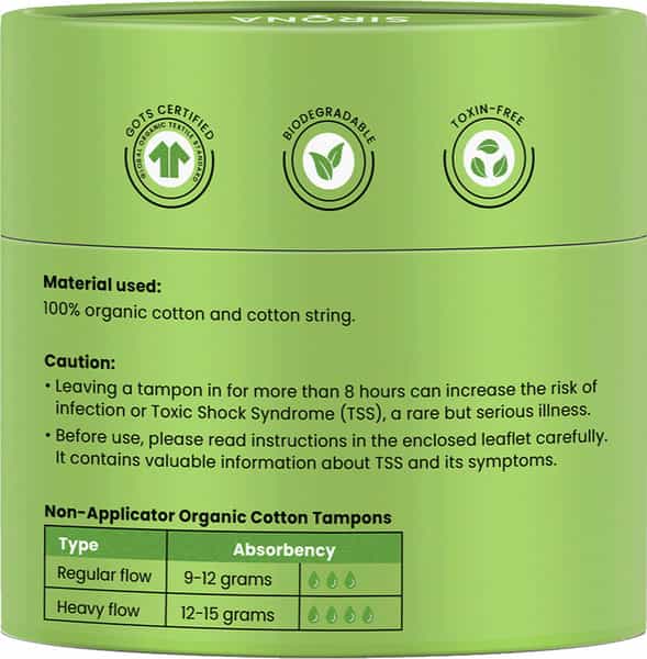 Sirona Heavy Flow Organic Tampons Made With 100% Organic Cotton Non-Applicator Tampons - 18 Pcs