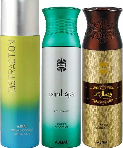 Ajmal 1 Distraction For Unisex 1 Raindrops For Women 1 Wisal Dhahab For Men Deo Combo Pack 3- 600Ml