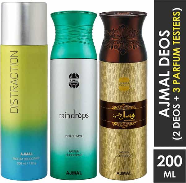 Ajmal 1 Distraction For Unisex 1 Raindrops For Women 1 Wisal Dhahab For Men Deo Combo Pack 3- 600Ml