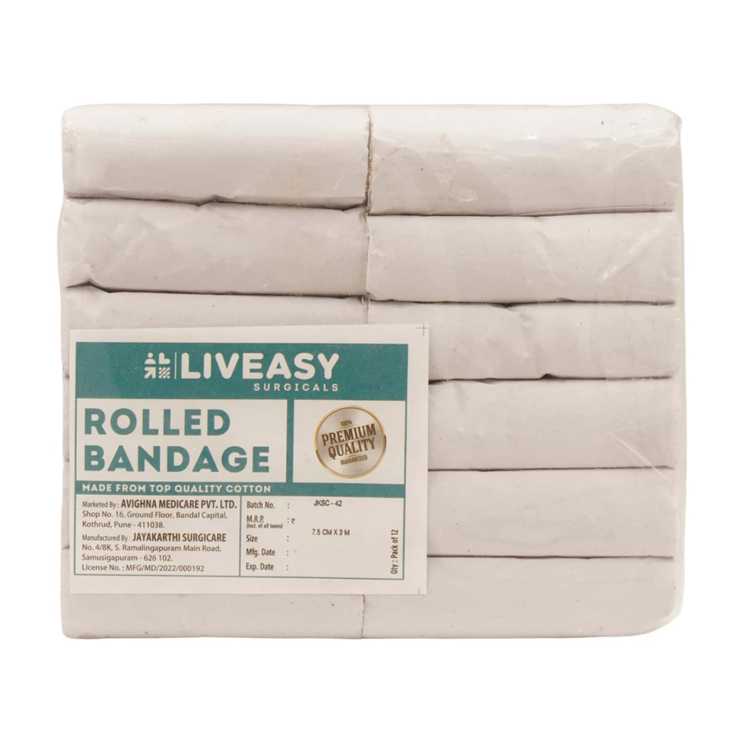 Liveasy Surgical's Rolled Bandage Pack Of 12 7.5cmx3m