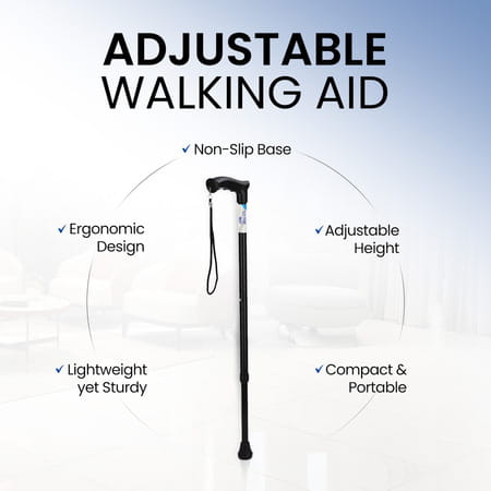 Stergic Next Strong Adjustable Walking Stick With Adjustable Height| Mid-Steel Body (Black)