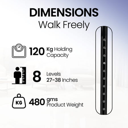 Stergic Next Strong Adjustable Walking Stick With Adjustable Height| Mid-Steel Body (Black)