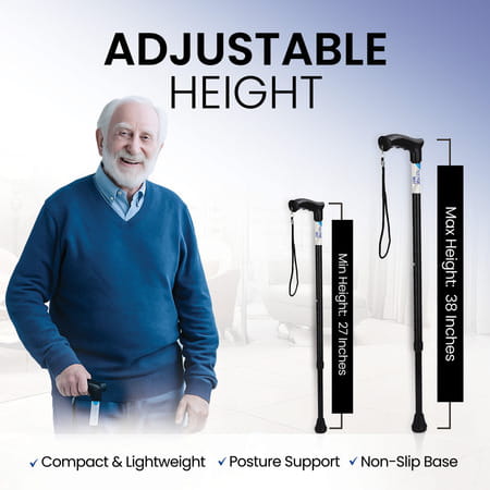 Stergic Next Strong Adjustable Walking Stick With Adjustable Height| Mid-Steel Body (Black)