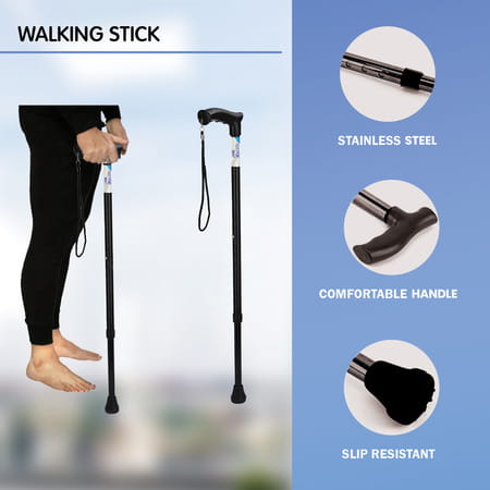 Stergic Next Strong Adjustable Walking Stick With Adjustable Height| Mid-Steel Body (Black)