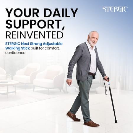 Stergic Next Strong Adjustable Walking Stick With Adjustable Height| Mid-Steel Body (Black)