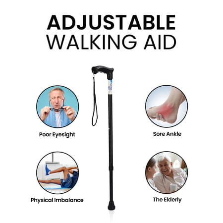 Stergic Next Strong Adjustable Walking Stick With Adjustable Height| Mid-Steel Body (Black)