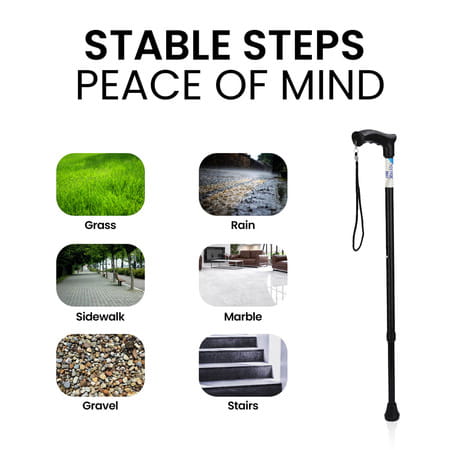 Stergic Next Strong Adjustable Walking Stick With Adjustable Height| Mid-Steel Body (Black)