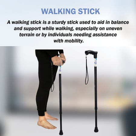 Stergic Next Strong Adjustable Walking Stick With Adjustable Height| Mid-Steel Body (Black)