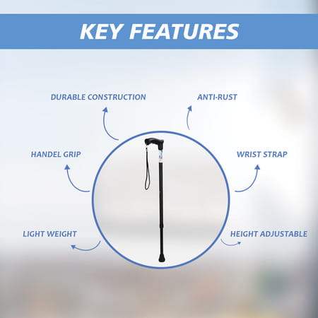 Stergic Next Strong Adjustable Walking Stick With Adjustable Height| Mid-Steel Body (Black)