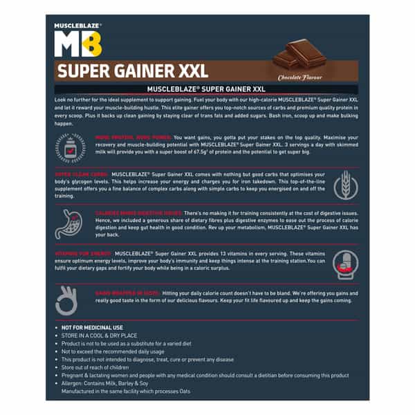Muscleblaze Super Gainer Xxl (Chocolate 2Kg / 4.4Lbs | 20 Servings) Muscle Mass High Protein Gainer