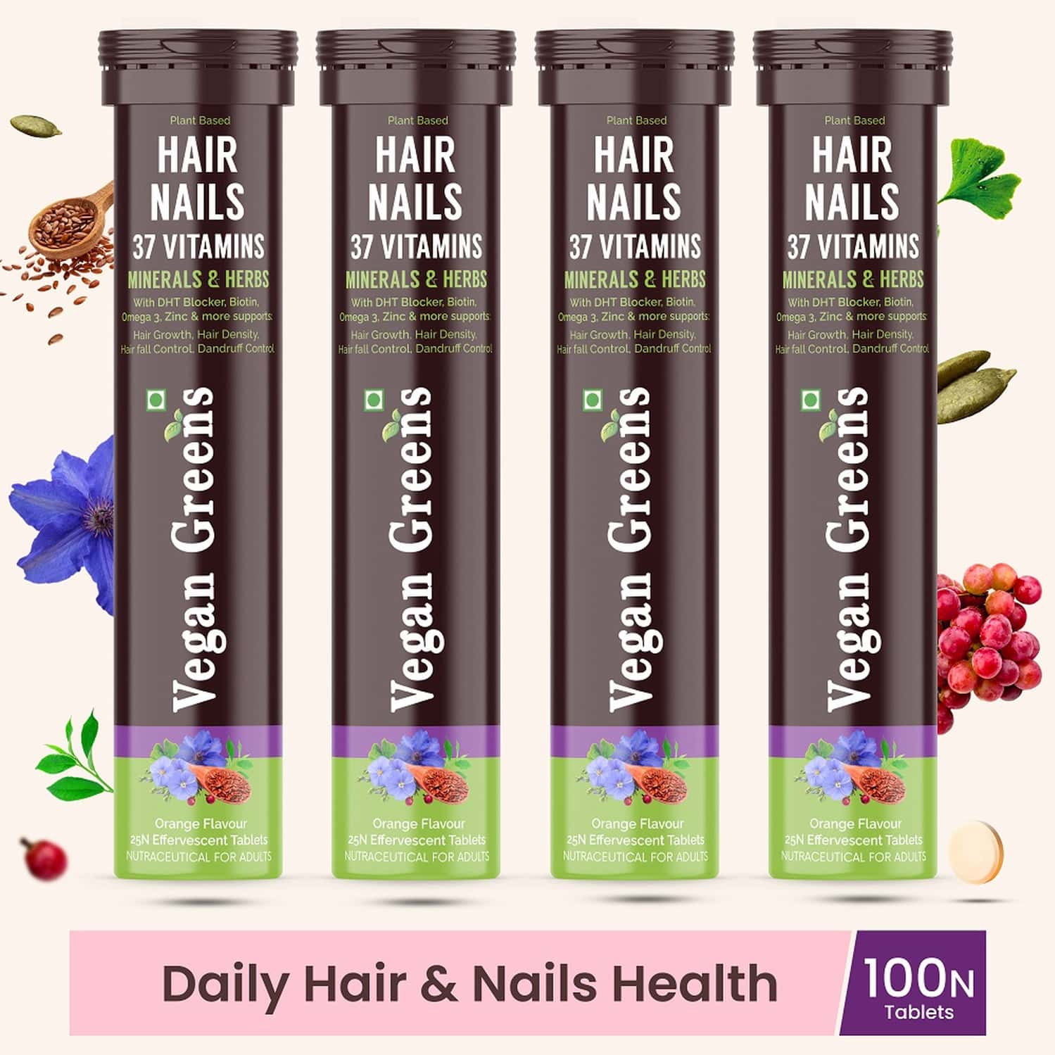Vegan Greens Hair & Nails Vitamins With Dht Blocker, Biotin, +37 Key Ingredients- 100 Effer., Orange