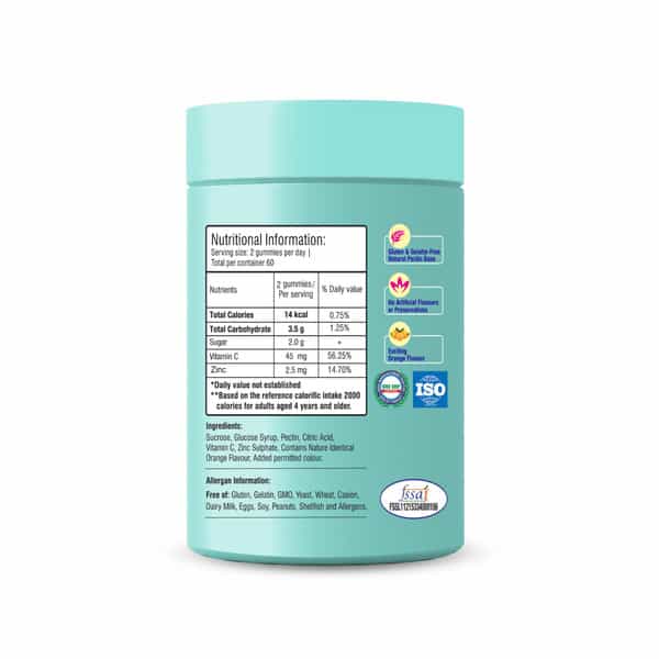 Happi Kidz Zinc + Vitamin C Gummies For Kids 60Gummy Bears Immune Support Orange Flavor For Children