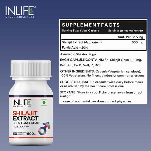 Inlife Pure Shilajit Extract For Men Strength And Stamina Supplement 500Mg -60 Vegetarian Capsules
