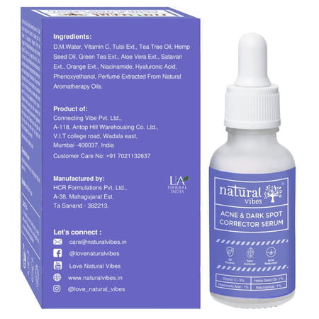 Natural Vibes Acne & Dark Spot Corrector Face Serum | Hyaluronic Acid | Vitamin C & Niacinamide 30ml