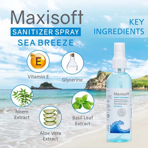 Maxisoft Sea Breeze Sanitizer Spray | Aloe Vera Neem & Vitamin E (120 Ml Pack Of 8)