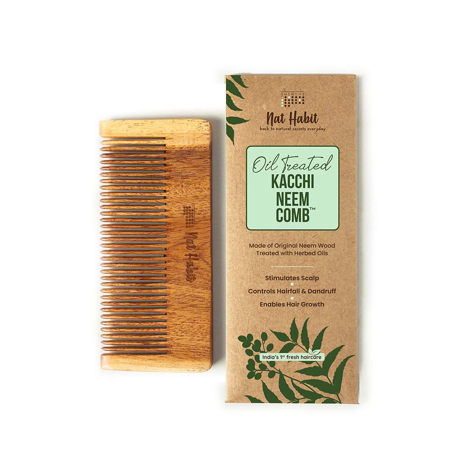 Nat Habit Kacchi Neem Daily Styling Wooden Comb Soaked In 17 Herbs & Oils -small