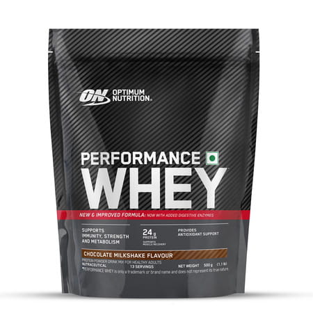 Optimum Nutrition (On) Performance Whey | Chocolate Milkshake Flavour | Powder | Packet | 500 Gm