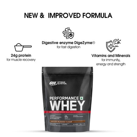 Optimum Nutrition (on) Performance Whey | Chocolate Milkshake Flavour | Powder | Packet | 500 Gm