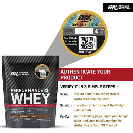 Optimum Nutrition (On) Performance Whey | Chocolate Milkshake Flavour | Powder | Packet | 500 Gm