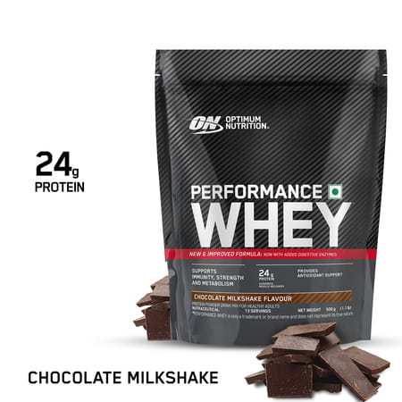 Optimum Nutrition (On) Performance Whey | Chocolate Milkshake Flavour | Powder | Packet | 500 Gm
