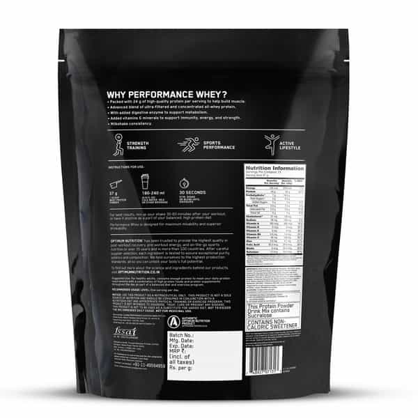 Optimum Nutrition (On) Performance Whey | Chocolate Milkshake Flavour | Powder | Packet | 500 Gm