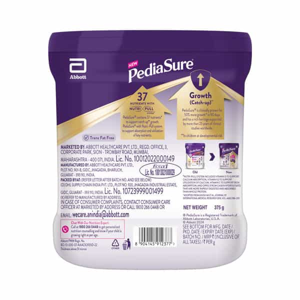 Pediasure Vital Nutrients To Help Kids Growth For 2-6 Years Old Vanilla Jar Of 375 Gm