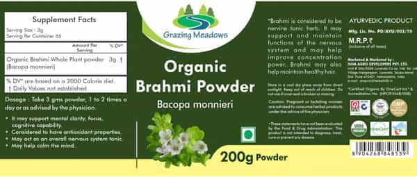 Grazing Meadows Organic Brahmi Powderacopa Monnierihair Growth & Memory Support - 200Gms (Pack Of 5)