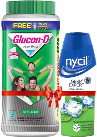 Glucon-D Instant Energy Health Drink Regular - 1kg Jar (Nycil Cool Herbal 150gm Free)