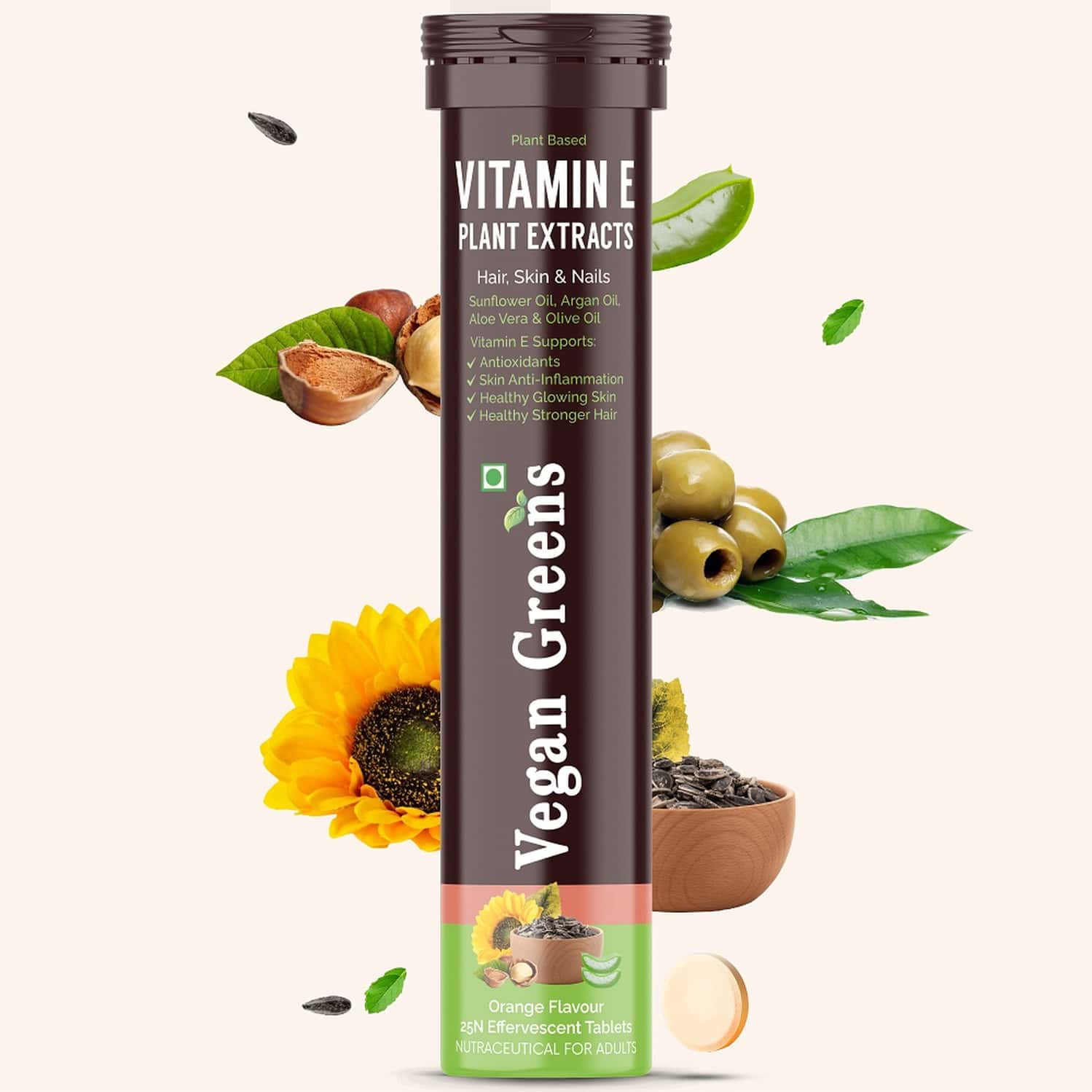 Vegan Greens Plant Based Vitamin E From Sunflower, Aloe Vera, Olive & Argan Oil. 25 Effer., Orange