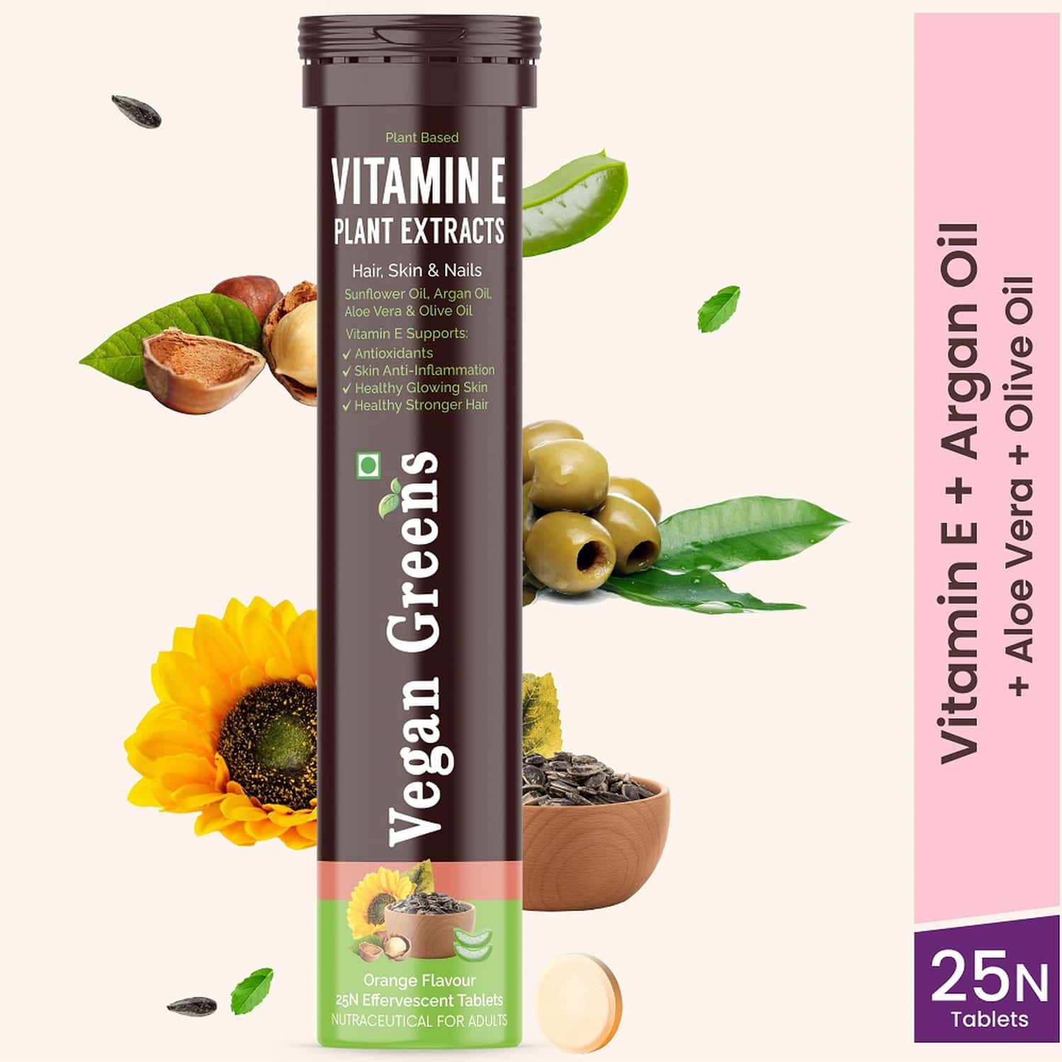Vegan Greens Plant Based Vitamin E From Sunflower, Aloe Vera, Olive & Argan Oil. 25 Effer., Orange