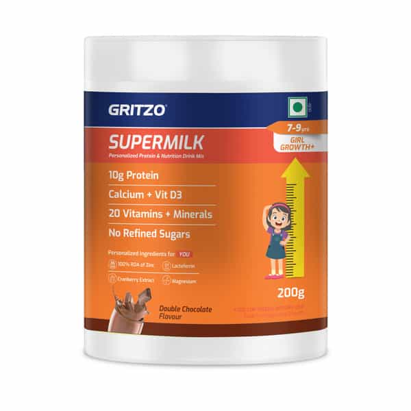 Gritzo Supermilk Growth+(Formerly Height+) (7 - 9Y Girls) | Powder (Double Chocolate | 200G)