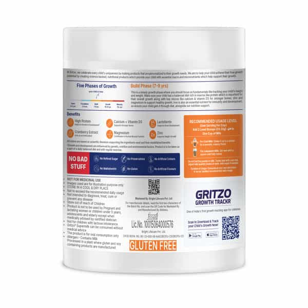 Gritzo Supermilk Growth+(Formerly Height+) (7 - 9Y Girls) | Powder (Double Chocolate | 200G)