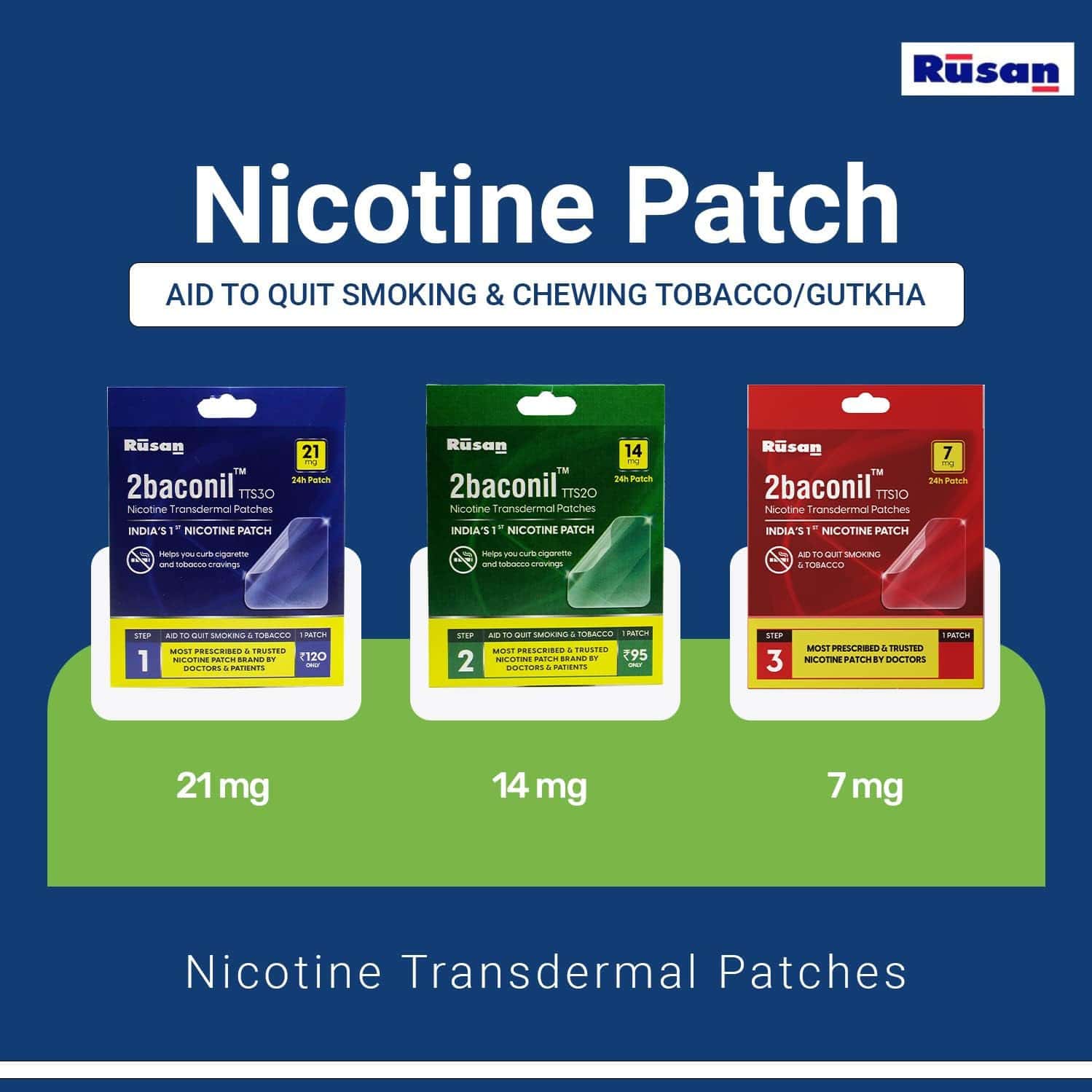 Buy RUSAN 2BACONIL NICOTINE TRANSDERMAL PATCH 24H PACK OF 2 PATCHES (STEP 121 MG) Online