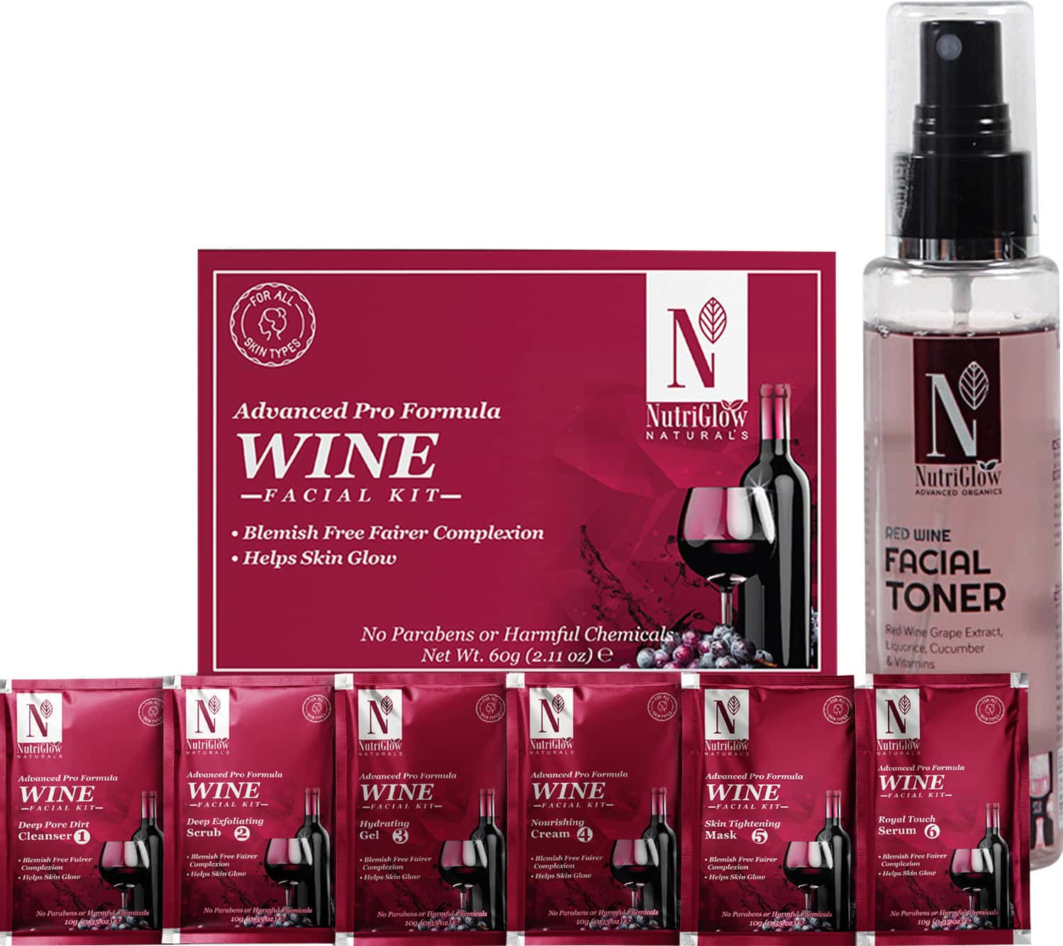 Nutriglow Natural'S Advanced Pro Formula Set Of 2 Wine Facial Kit 60gm & Red Wine Facial Toner 100ml
