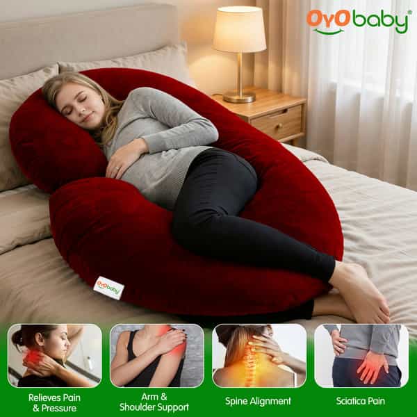 Oyo Baby C Shaped Pregnancy Pillow For Sleeping With Washable Premium Velvet Cover (Maroon)