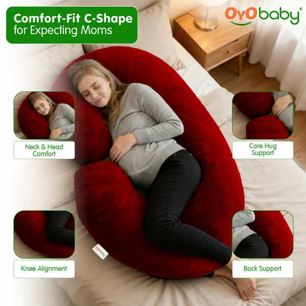 Oyo Baby C Shaped Pregnancy Pillow For Sleeping With Washable Premium Velvet Cover (Maroon)