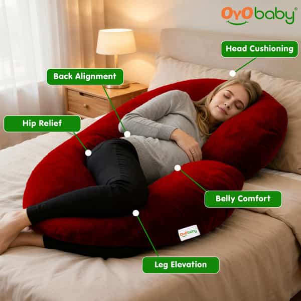 Oyo Baby C Shaped Pregnancy Pillow For Sleeping With Washable Premium Velvet Cover (Maroon)