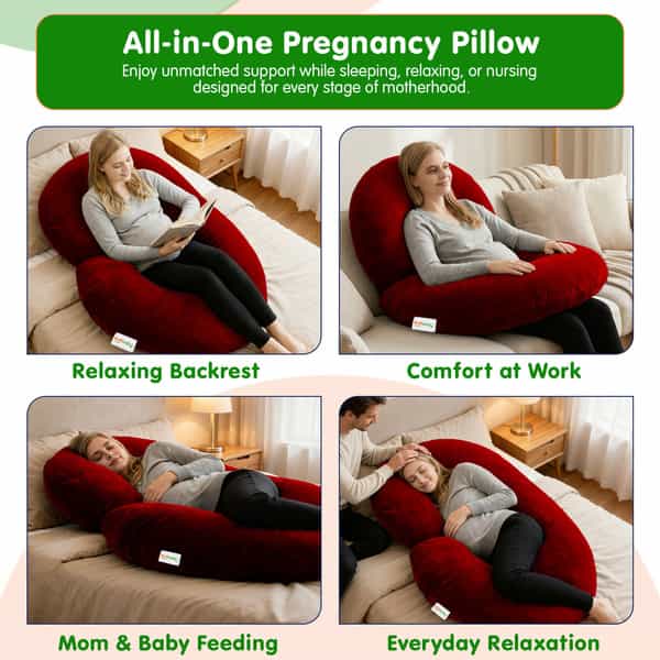Oyo Baby C Shaped Pregnancy Pillow For Sleeping With Washable Premium Velvet Cover (Maroon)