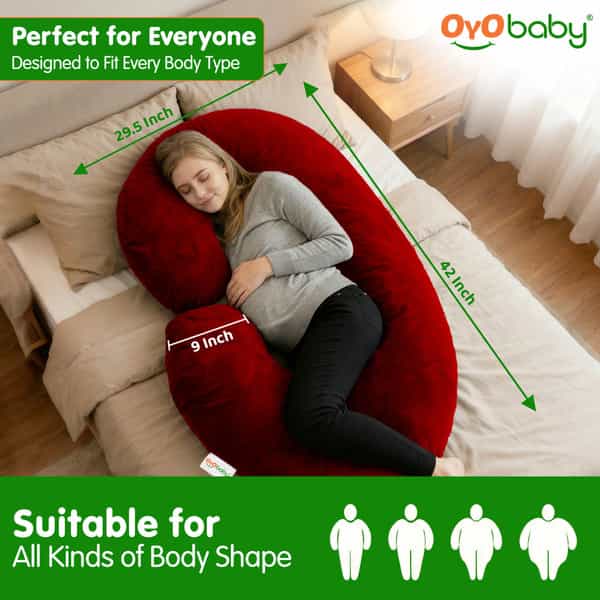 Oyo Baby C Shaped Pregnancy Pillow For Sleeping With Washable Premium Velvet Cover (Maroon)