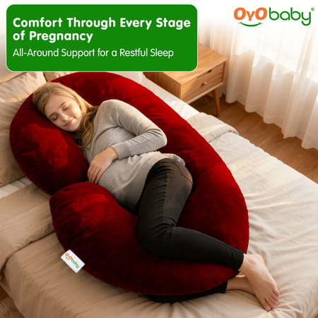 Oyo Baby C Shaped Pregnancy Pillow For Sleeping With Washable Premium Velvet Cover (Maroon)
