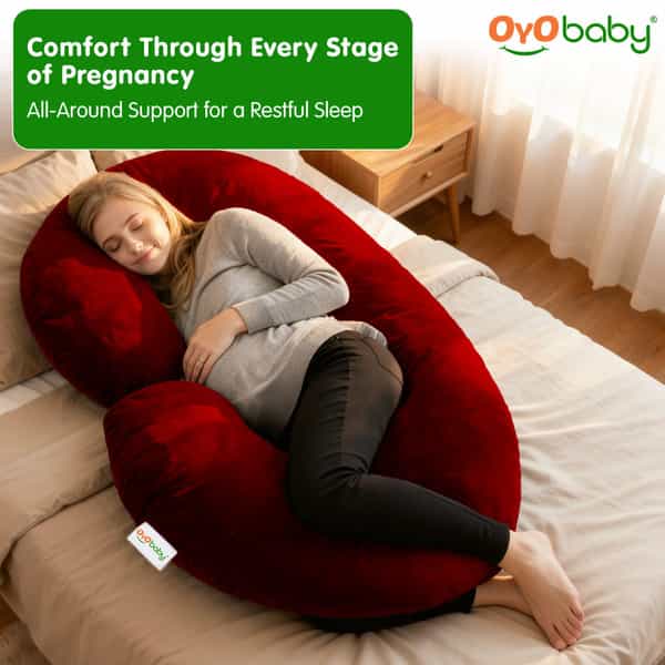 Oyo Baby C Shaped Pregnancy Pillow For Sleeping With Washable Premium Velvet Cover (Maroon)