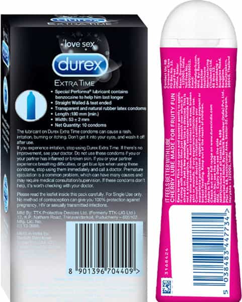 Durex Extra Time Condoms For Men-10 Count With Durex Cherry Flavoured Lube Gel For Men & Women -50Ml